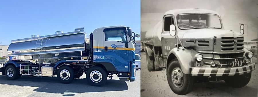 Tank trucks are designed to transport large volumes of liquid food materials, utilizing an insulated structure akin to stainless steel thermos bottles. The image on the right showcases Minato Distribution Service Group's inaugural tank truck.